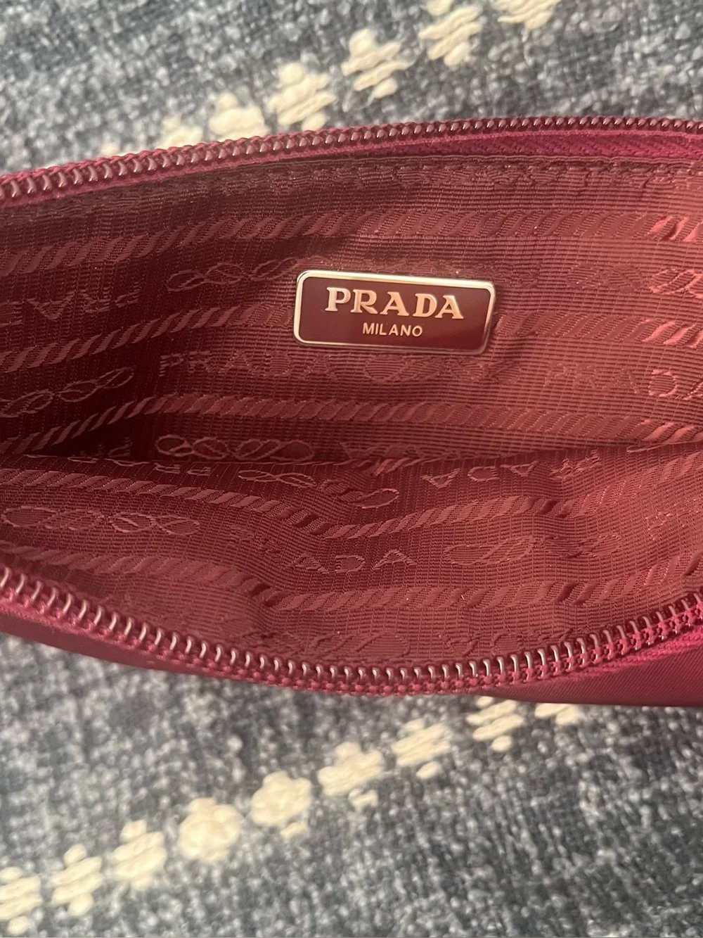 Prada Deep Burgundy Nylon Wristlet Clutch with Logo Plaque